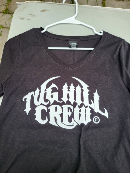 Black Ladies V-Neck Short Sleeve T-shirt - Tug Hill Crew - White Logo